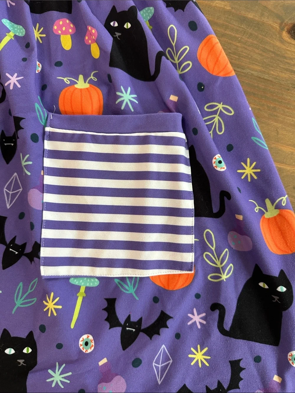 Girls Purple Halloween Cat & Pumpkin Dress with Striped Pockets